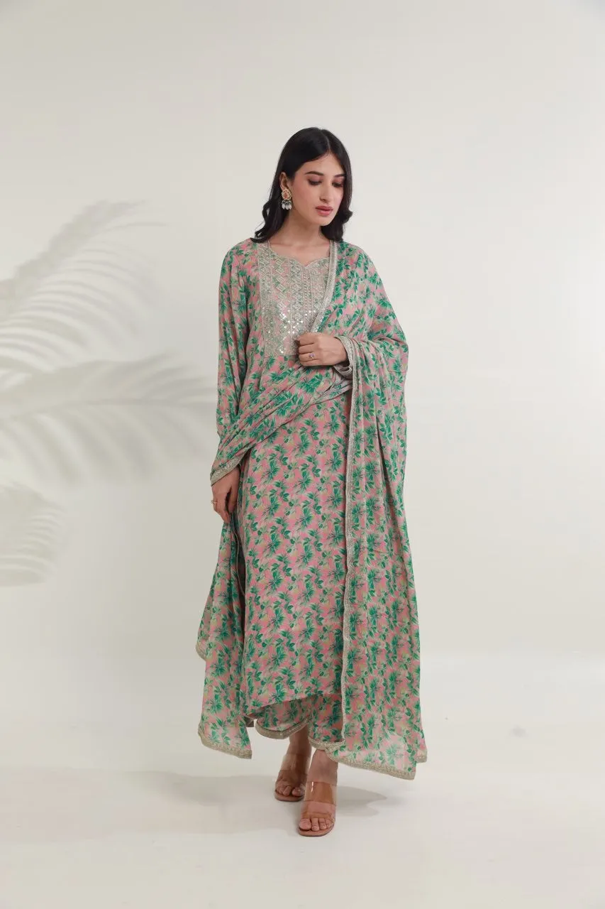 Green pink floral digital print viscose chinon kurta set