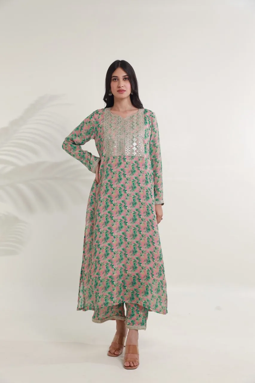 Green pink floral digital print viscose chinon kurta set