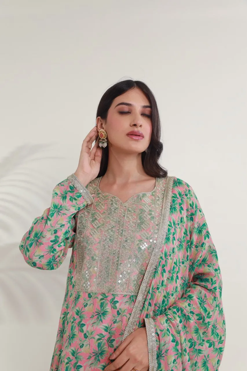 Green pink floral digital print viscose chinon kurta set