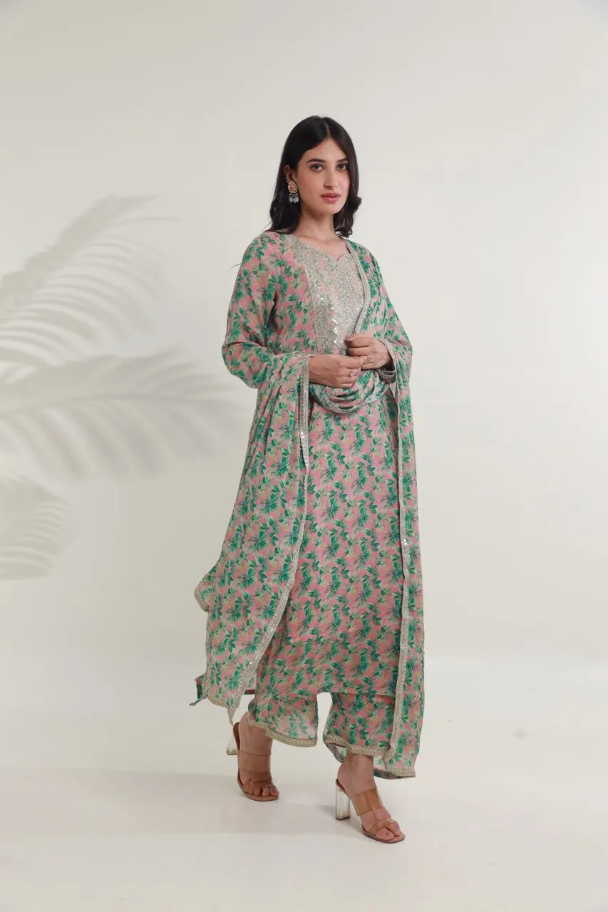 Green pink floral digital print viscose chinon kurta set