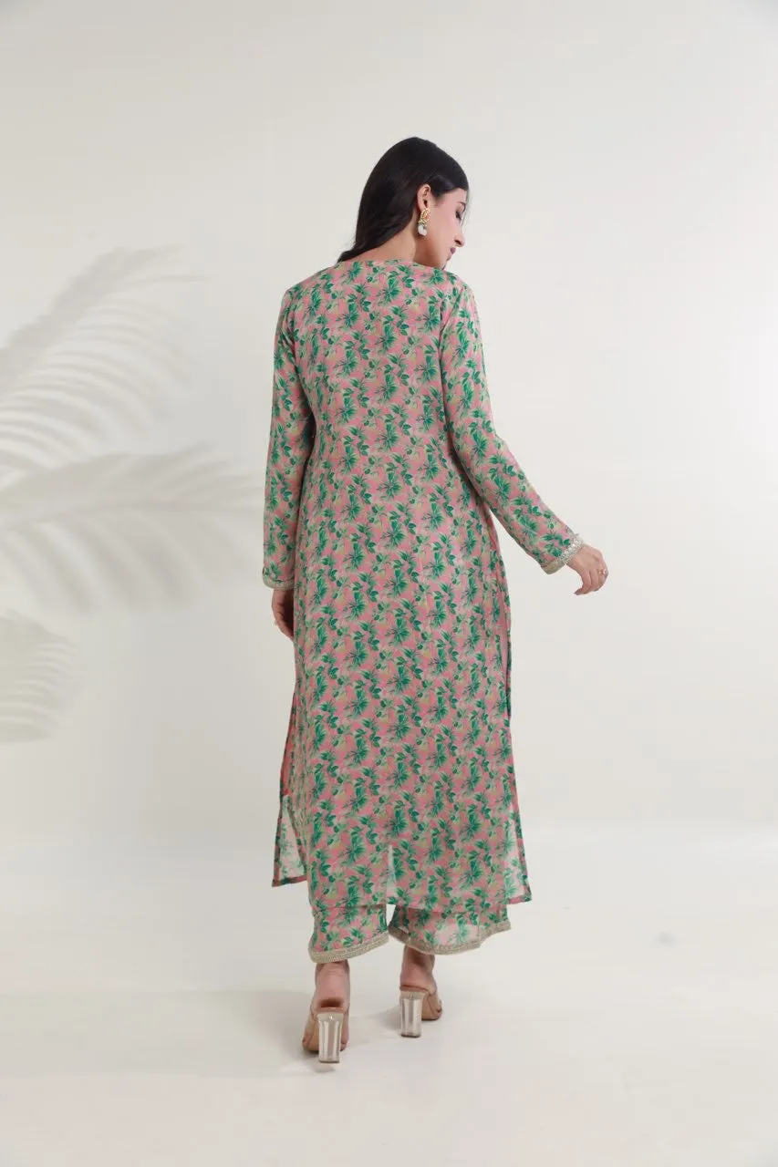 Green pink floral digital print viscose chinon kurta set