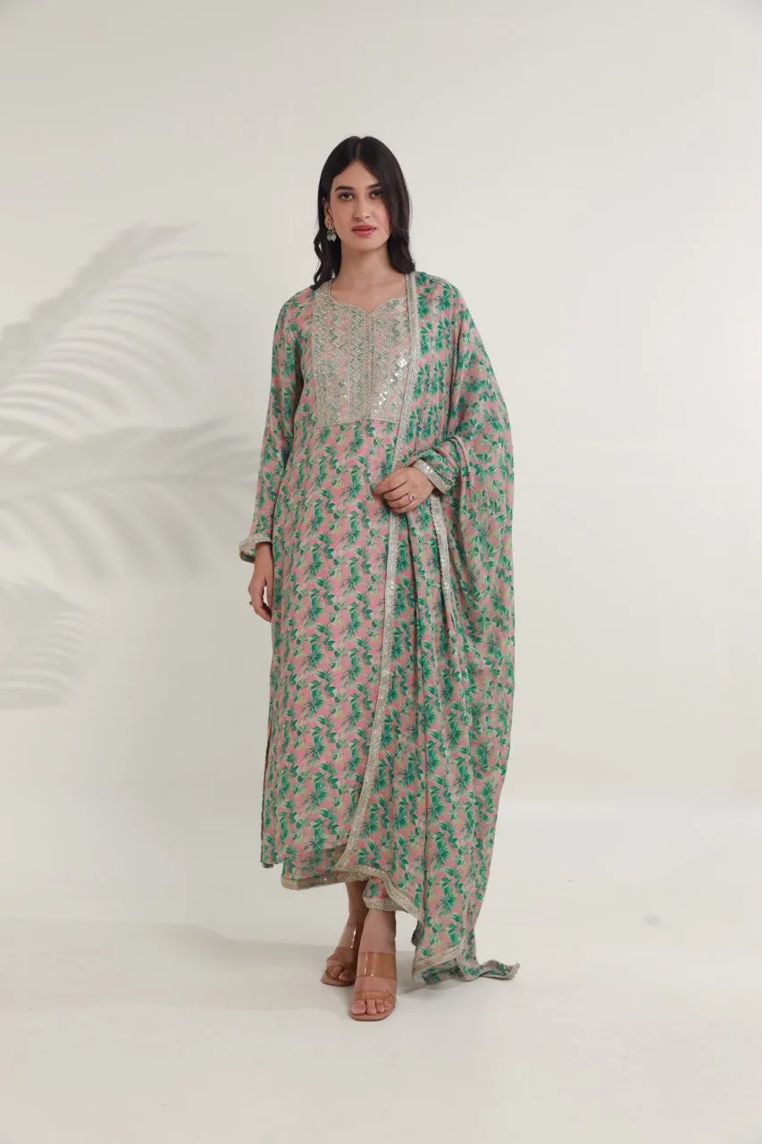 Green pink floral digital print viscose chinon kurta set