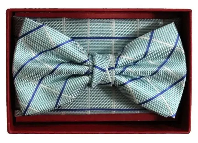 L A Smith Aqua Check Silk Bow Tie And Hank Set