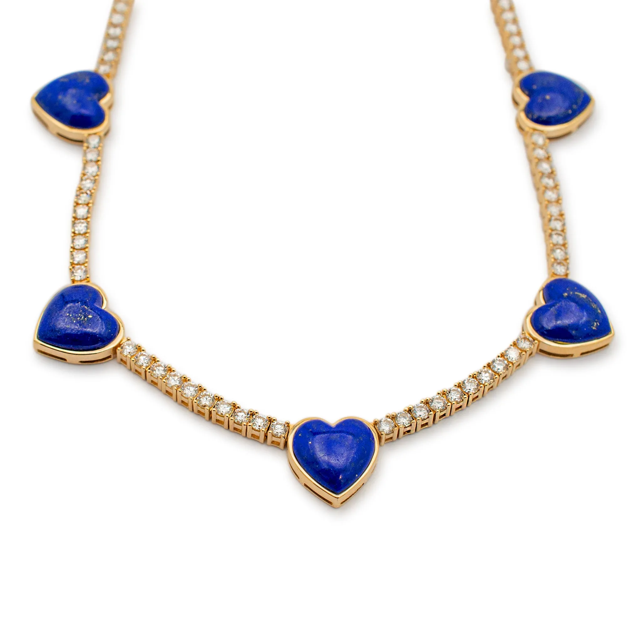 Ladies 14K Yellow Gold Heart Lapis Lazuli Diamond Tennis Necklaces