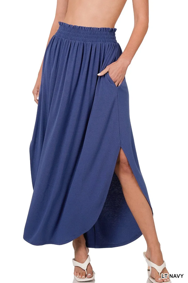 LIGHT NAVY SMOCKED WAIST SIDE SLIT MAXI SKIRT