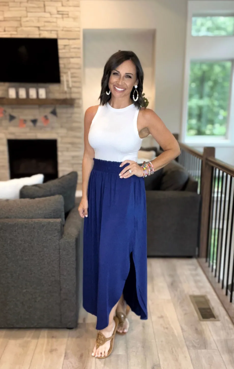 LIGHT NAVY SMOCKED WAIST SIDE SLIT MAXI SKIRT