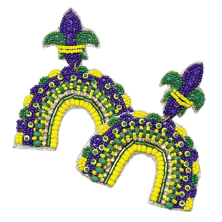 Mardi Gras Fleur De Lis Arch Seed Bead Drop Earrings