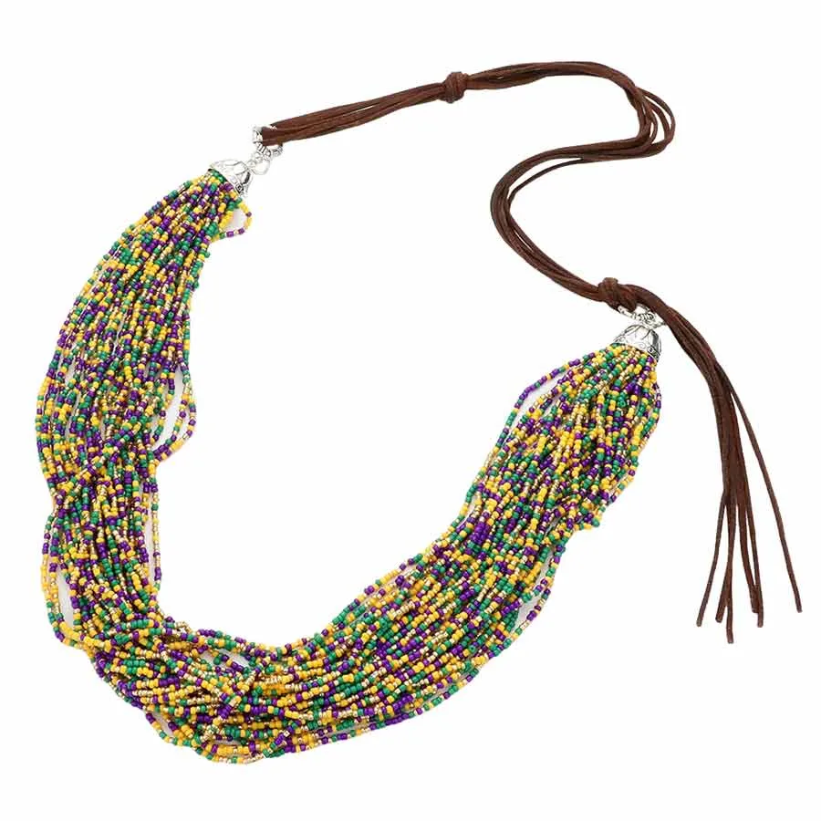 Mardi Gras Multi Layered Seed Beaded Long Necklace