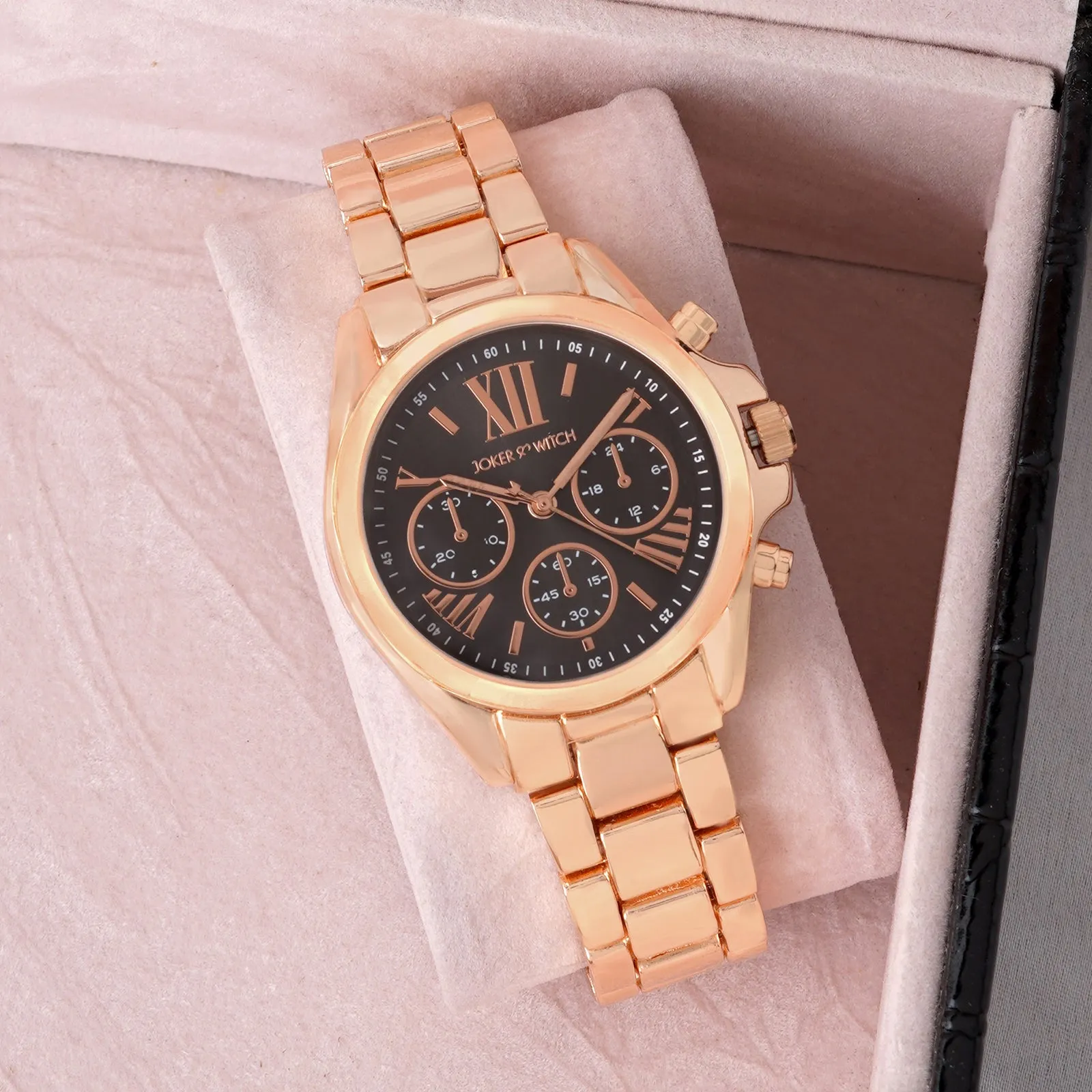 Meghan Black Dial Rosegold Metallic Strap Watch