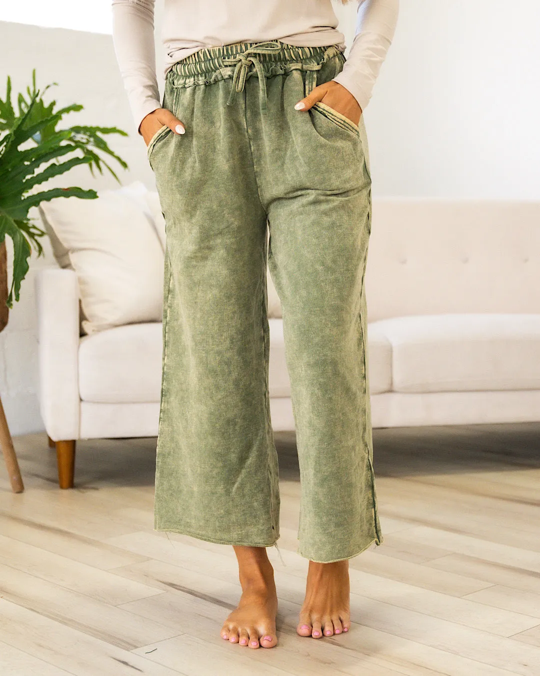 Mineral Wash Wide Leg Lounge Pants - Ash Olive