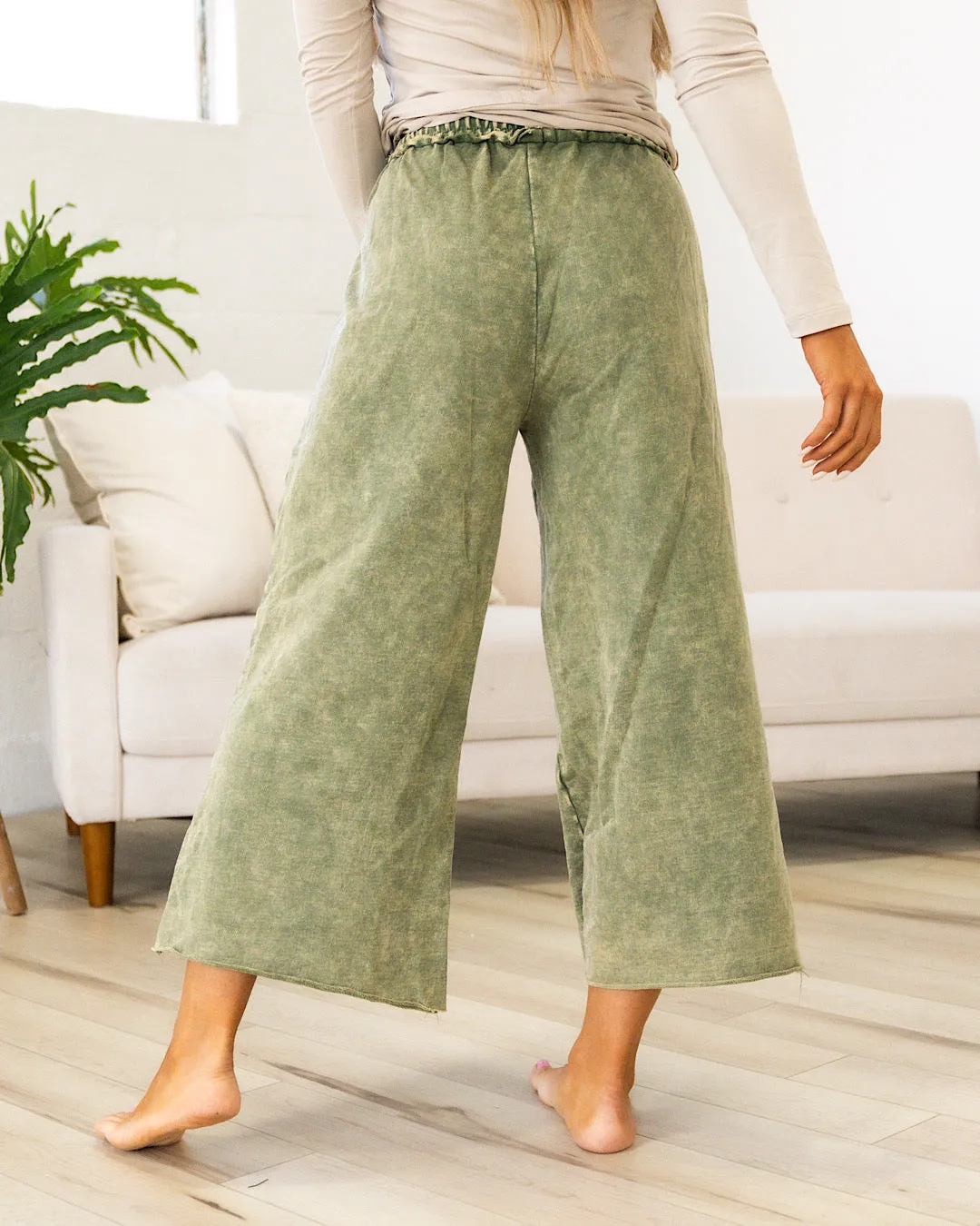 Mineral Wash Wide Leg Lounge Pants - Ash Olive