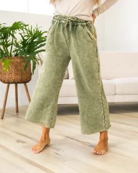 Mineral Wash Wide Leg Lounge Pants - Ash Olive