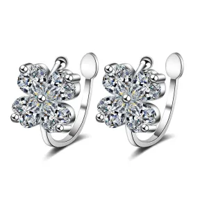 Moissanite Diamond Four Leaf Clover Ear Cuff Clip Silver Earrings