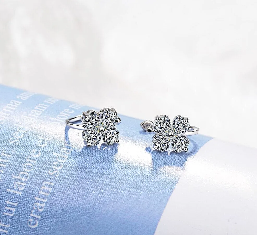 Moissanite Diamond Four Leaf Clover Ear Cuff Clip Silver Earrings