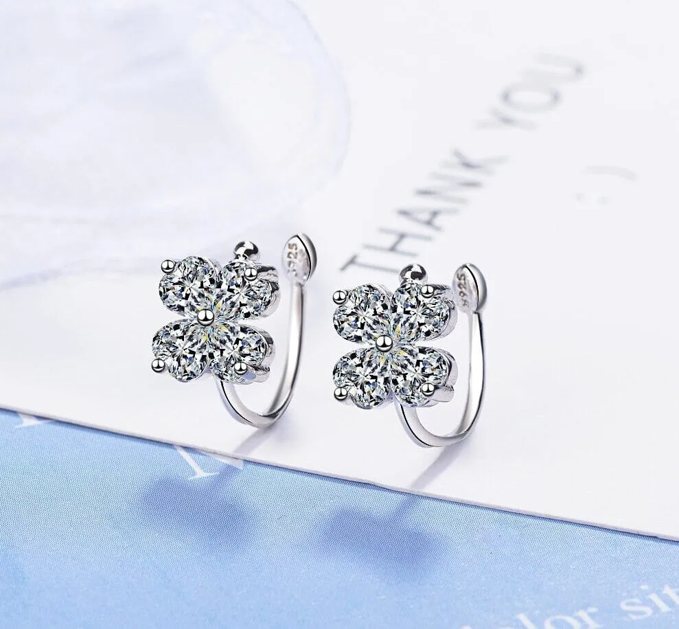 Moissanite Diamond Four Leaf Clover Ear Cuff Clip Silver Earrings