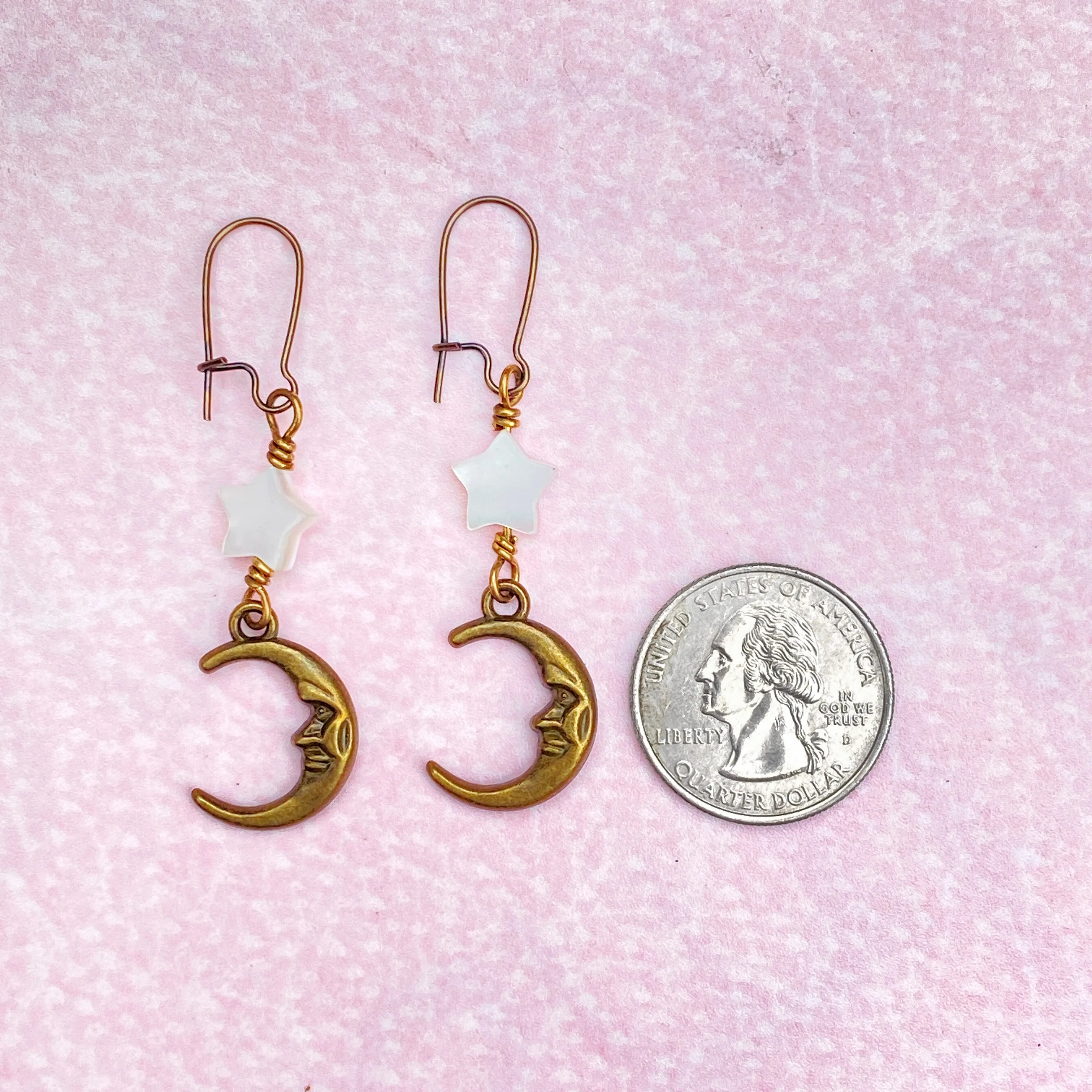 Mother of Pearl Stars with brass crescent Moon face Earrings