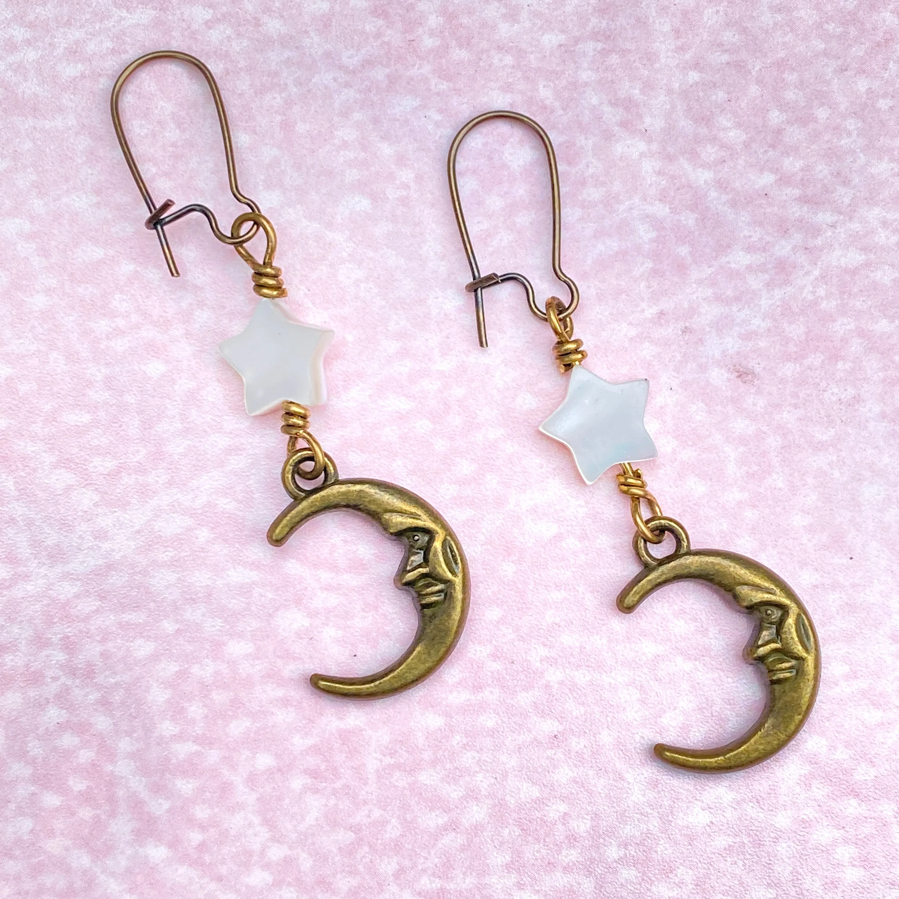 Mother of Pearl Stars with brass crescent Moon face Earrings