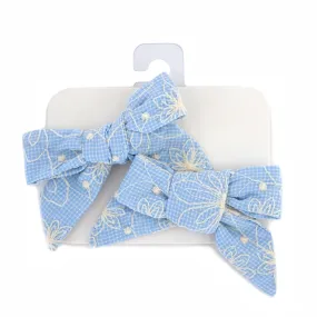 oh baby! Hair Bow Clip - Embroidered Flower - Sky Blue