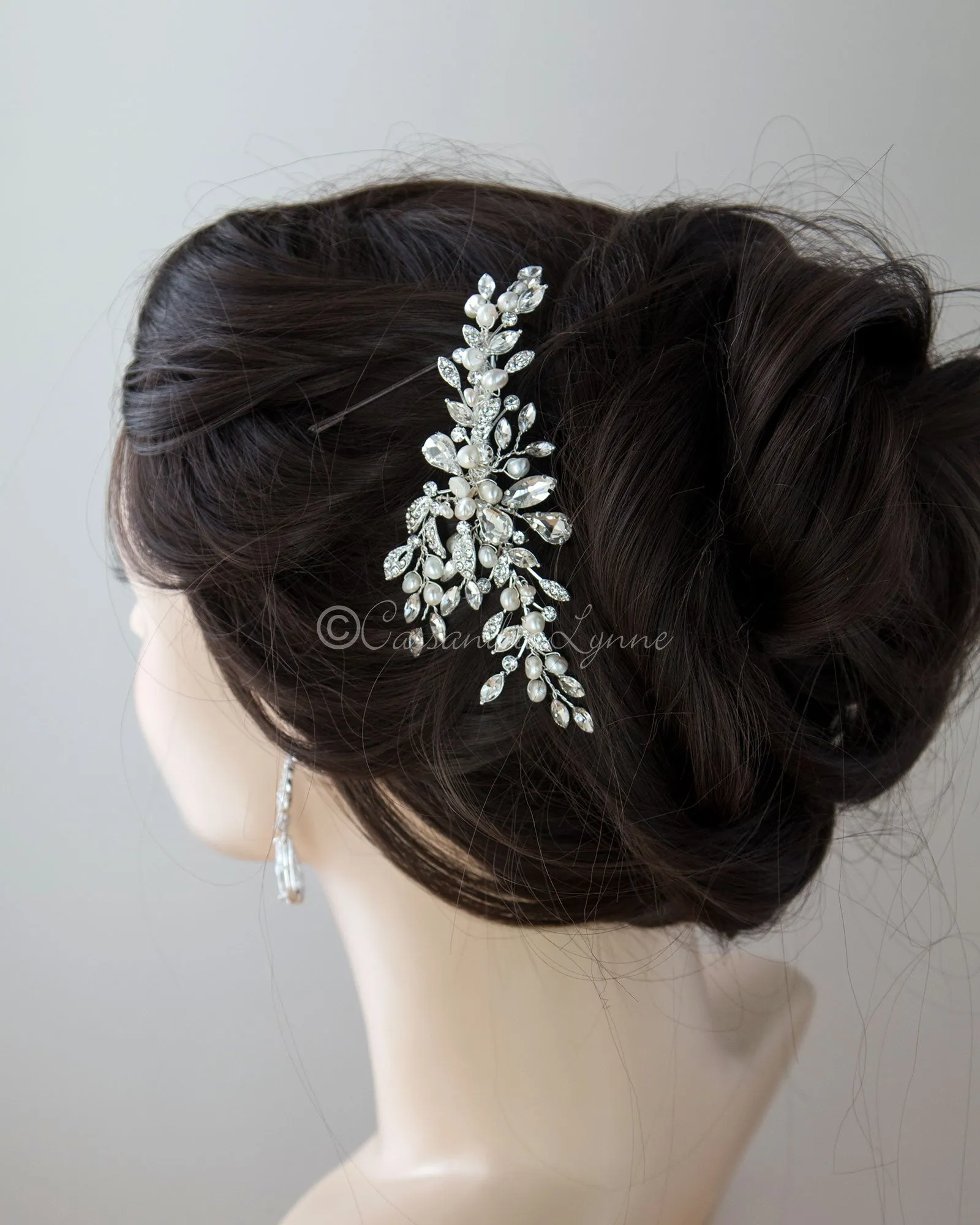 Pearl Bridal Hair Clip of Crystal Leaf and Pearl