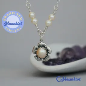 Pearl Flower Necklace, Sterling Silver Periwinkle Pendant | Moonkist Designs