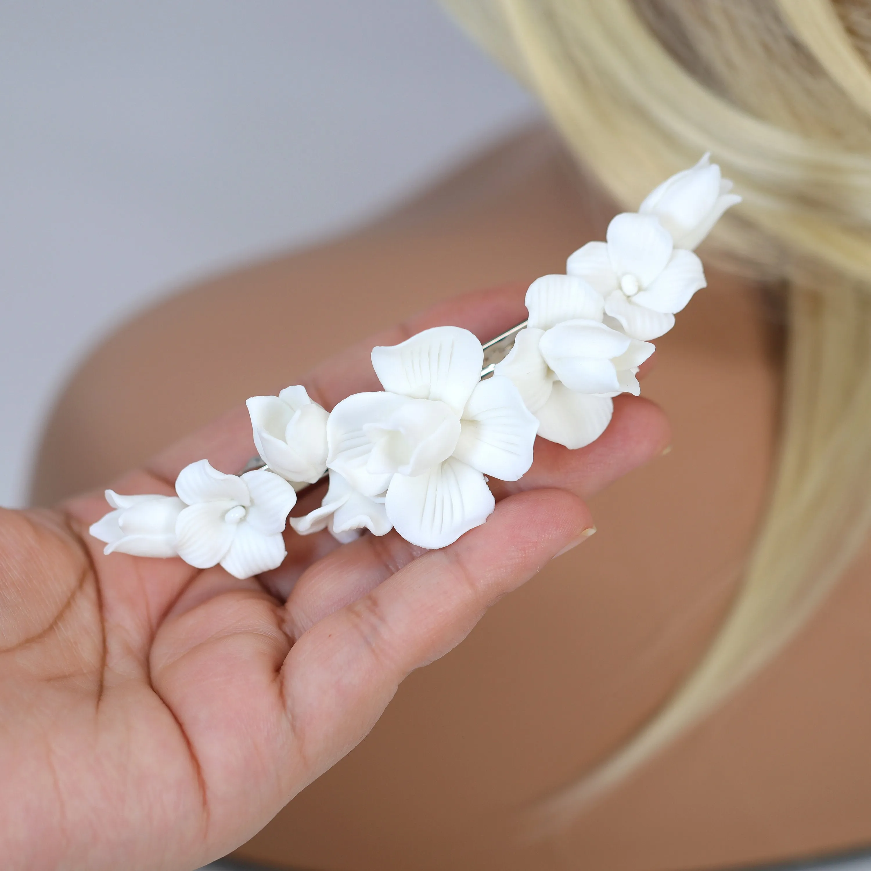 Porcelain White Flower Blossom Bridal Hair Clip, Bridal Hair Accessories, Bridesmaid Gift, Wedding Hair Accessory, Bridal Large Hair Clip