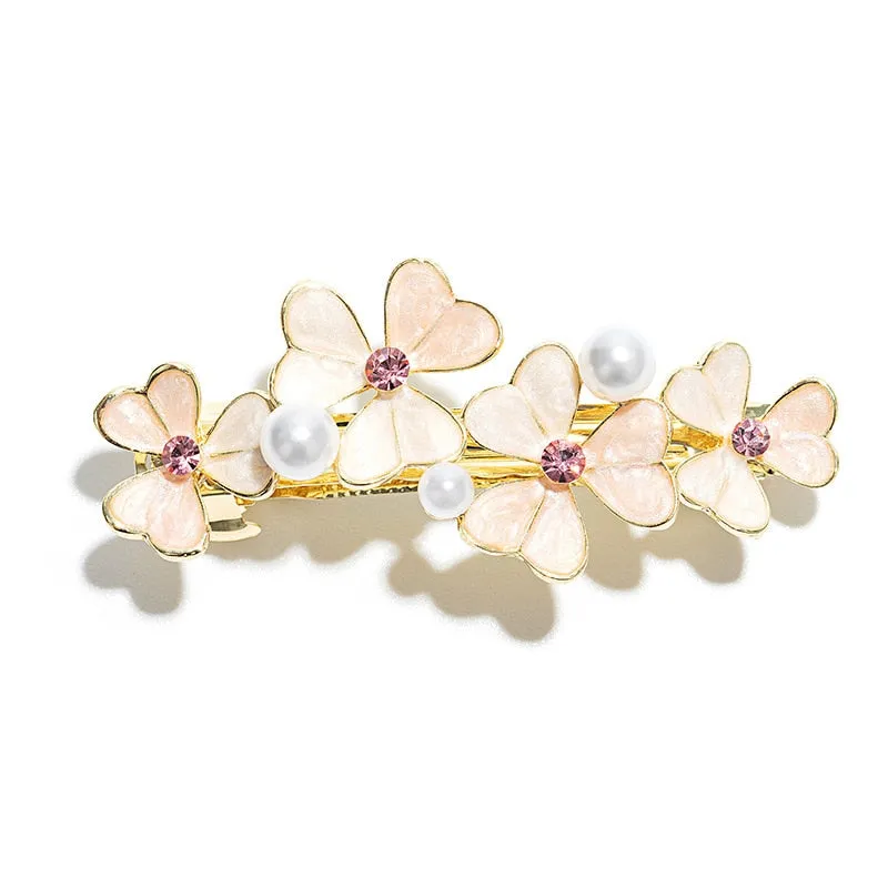 Purple Cream Enamel Cubic Zirconia Pearl Hair Barrette Clip