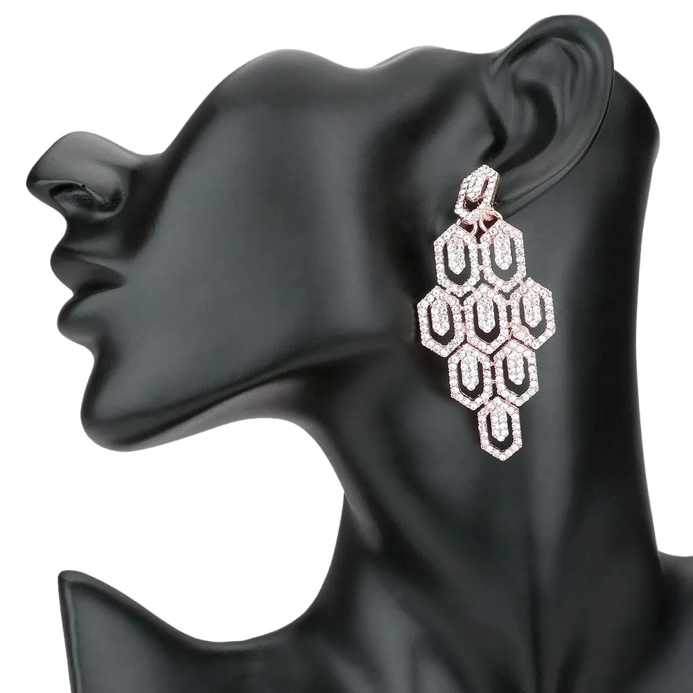 Rhinestone Pave Hexagon Link Statement Evening Earrings