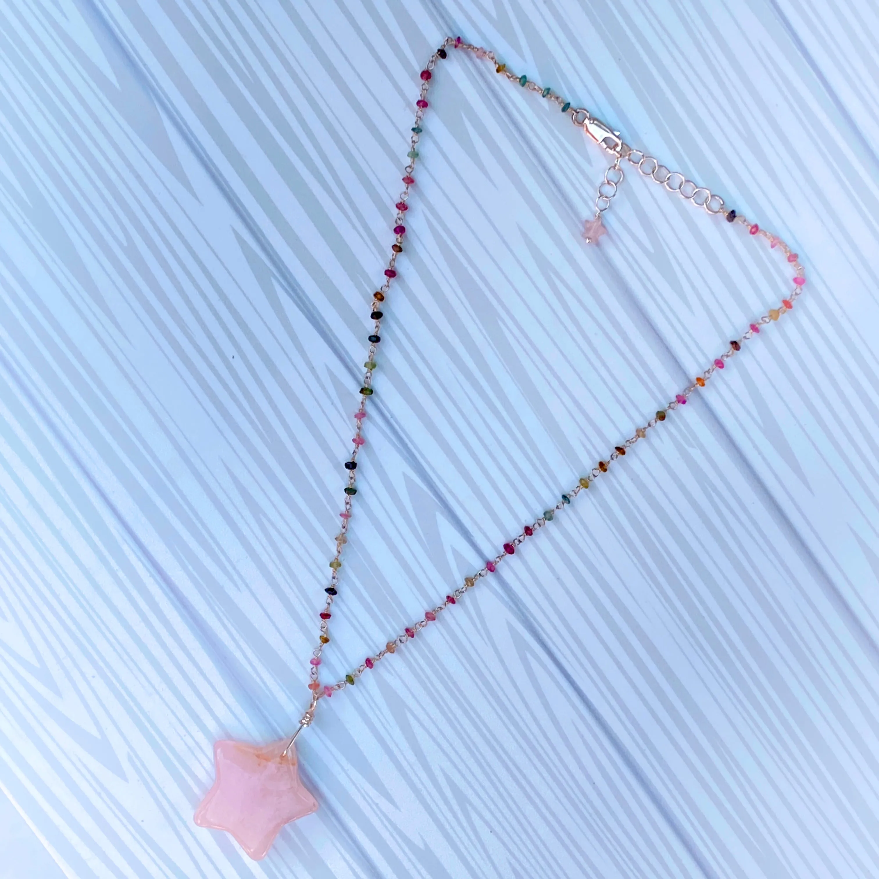 Rose Quartz Star on Mixed Tourmaline and Sterling Silver