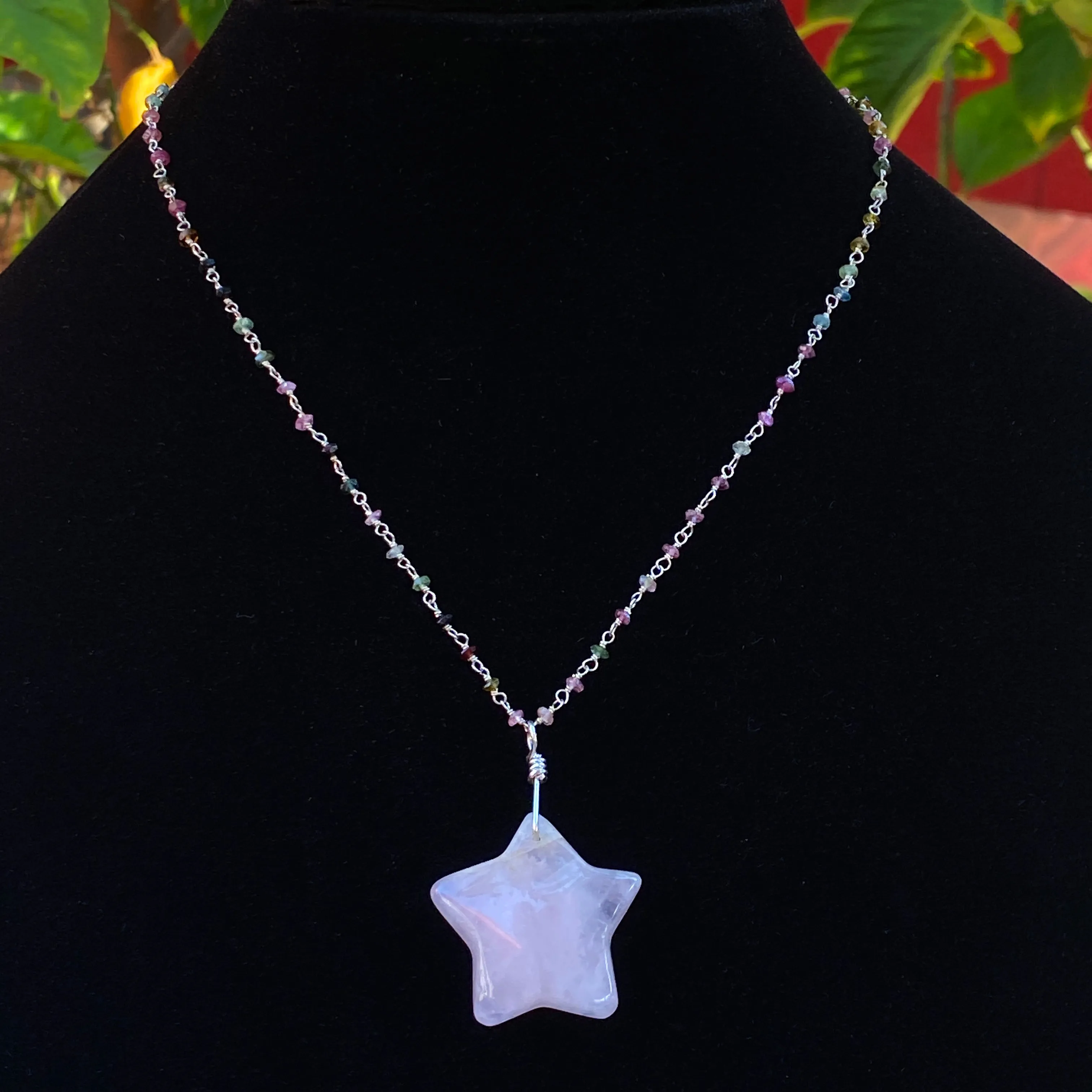 Rose Quartz Star on Mixed Tourmaline and Sterling Silver