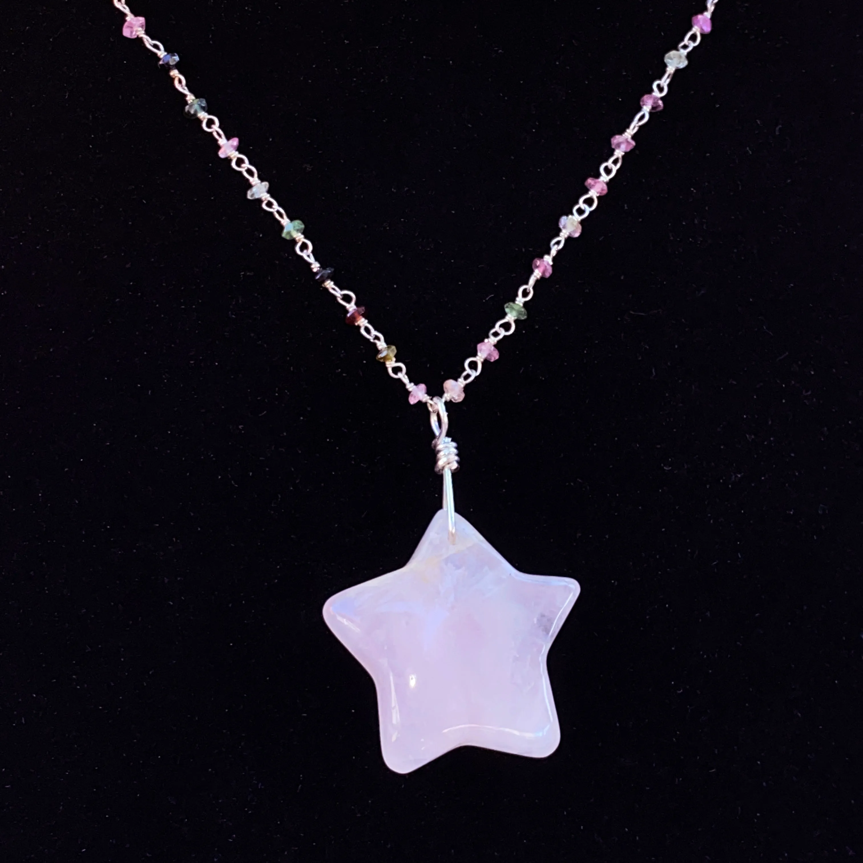 Rose Quartz Star on Mixed Tourmaline and Sterling Silver