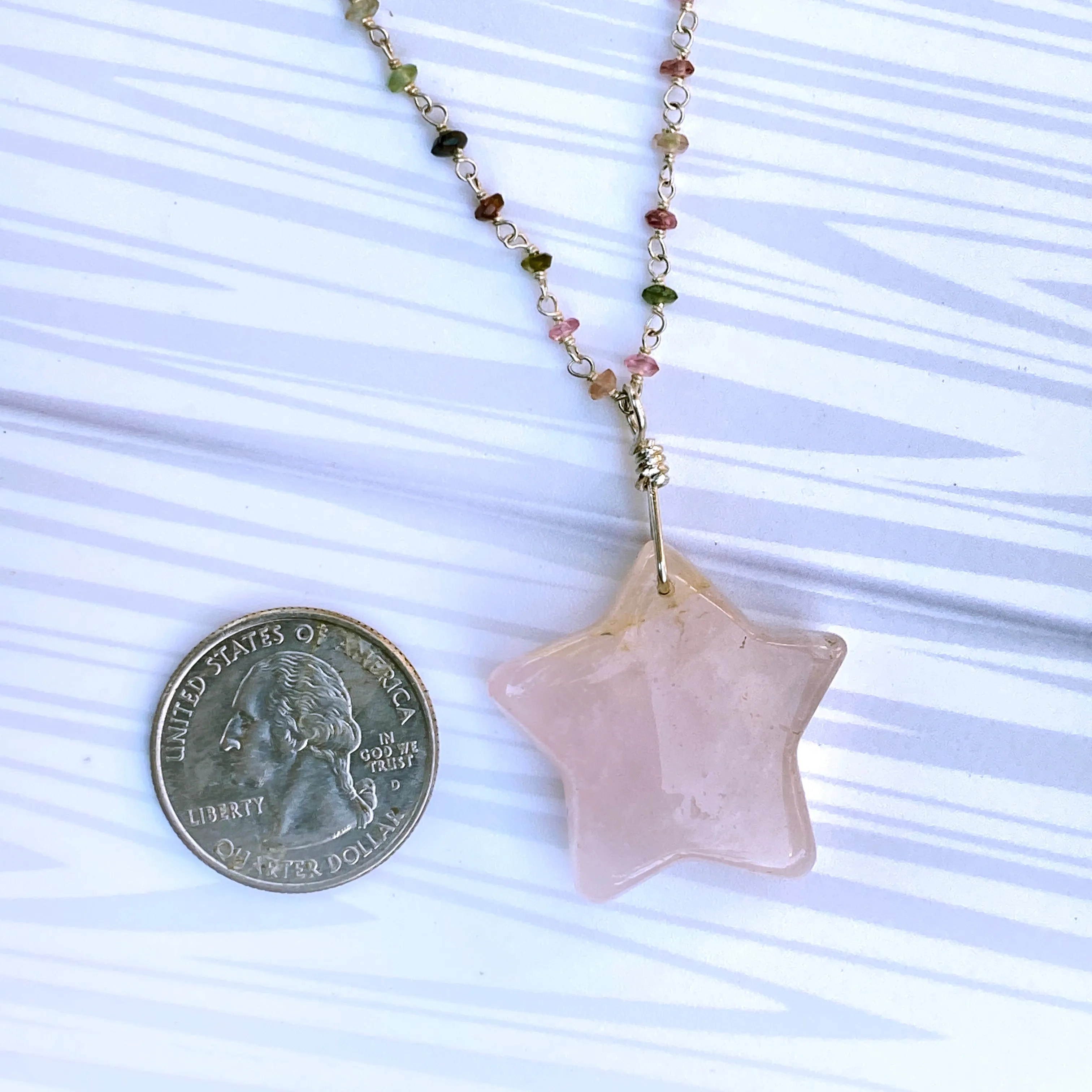 Rose Quartz Star on Mixed Tourmaline and Sterling Silver