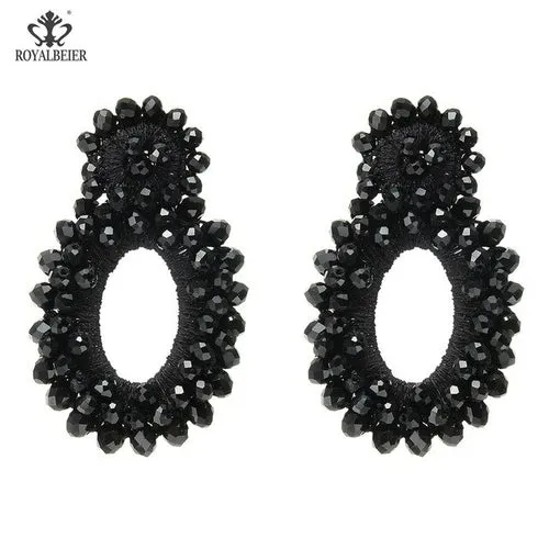 ROYALBEIER Boho Black Beads Earrings Handmade Lady Large Drop Earring