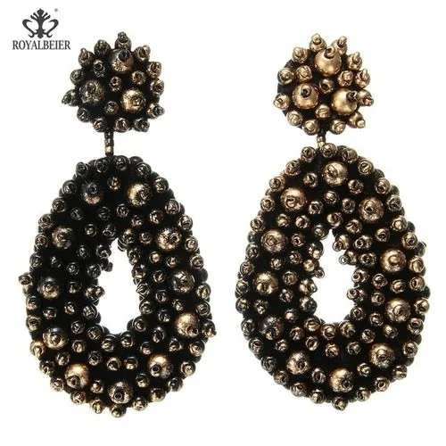 ROYALBEIER Boho Black Beads Earrings Handmade Lady Large Drop Earring