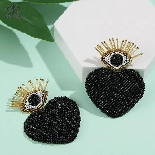 ROYALBEIER Boho Black Beads Earrings Handmade Lady Large Drop Earring