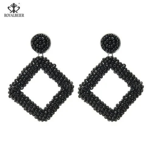 ROYALBEIER Boho Black Beads Earrings Handmade Lady Large Drop Earring