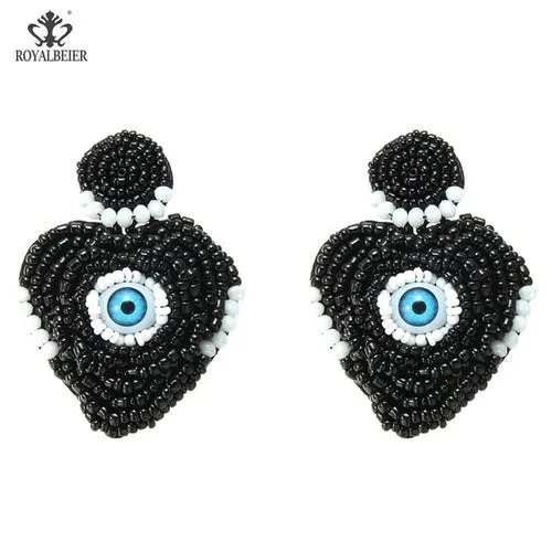 ROYALBEIER Boho Black Beads Earrings Handmade Lady Large Drop Earring