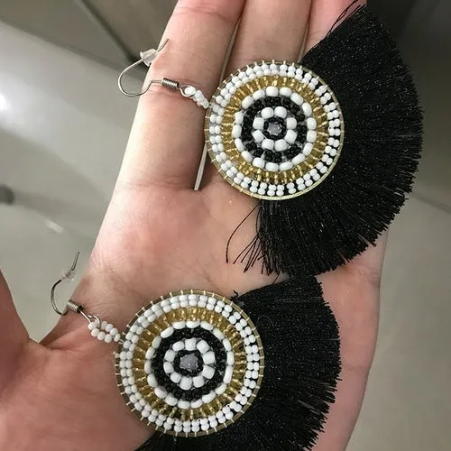 ROYALBEIER Boho Black Beads Earrings Handmade Lady Large Drop Earring