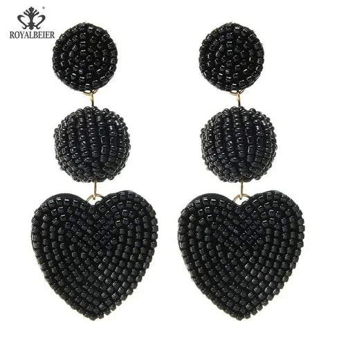 ROYALBEIER Boho Black Beads Earrings Handmade Lady Large Drop Earring