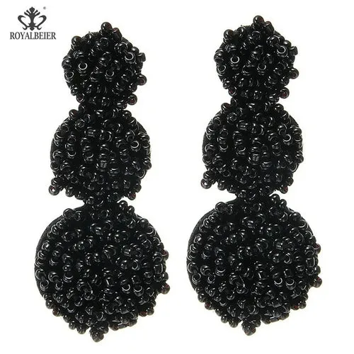 ROYALBEIER Boho Black Beads Earrings Handmade Lady Large Drop Earring