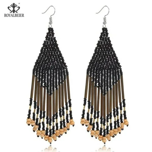 ROYALBEIER Boho Black Beads Earrings Handmade Lady Large Drop Earring