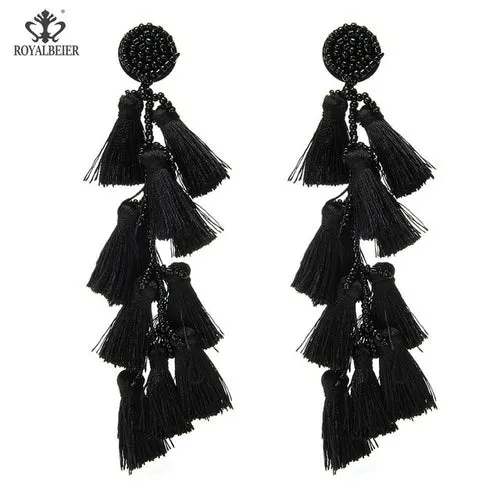 ROYALBEIER Boho Black Beads Earrings Handmade Lady Large Drop Earring