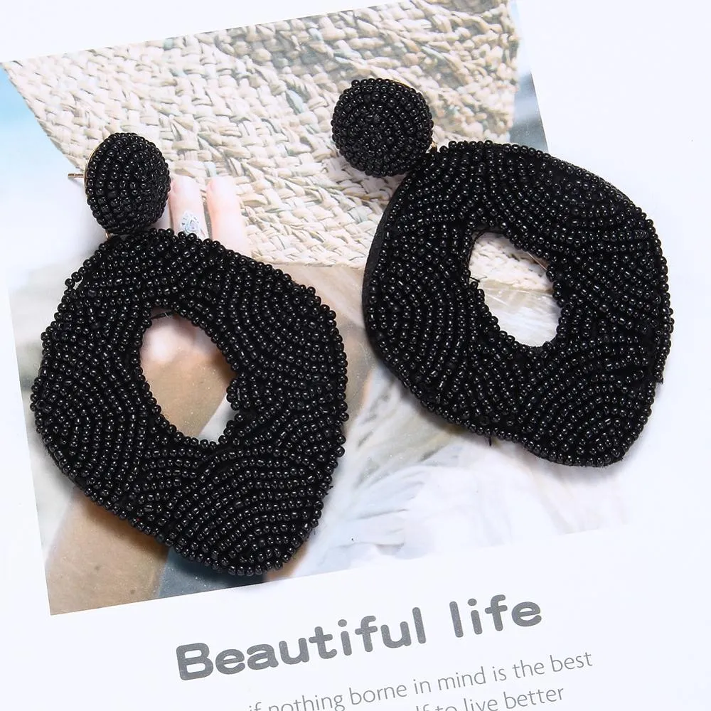 ROYALBEIER Boho Black Beads Earrings Handmade Lady Large Drop Earring