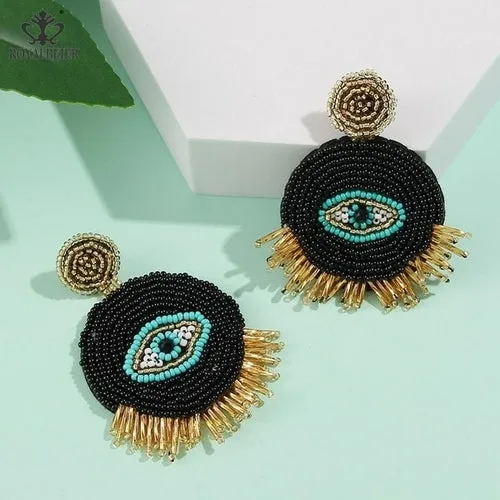 ROYALBEIER Boho Black Beads Earrings Handmade Lady Large Drop Earring