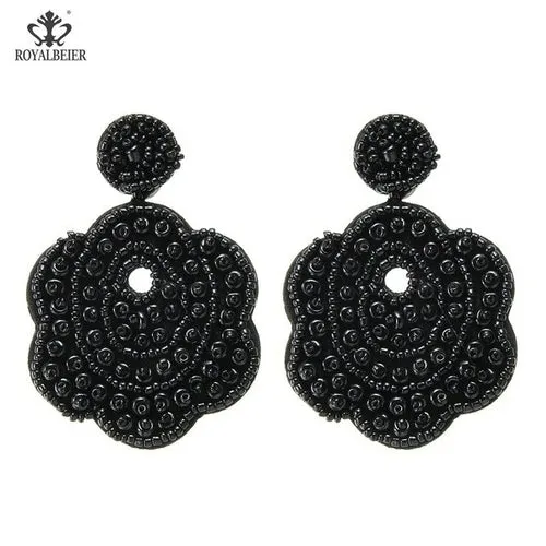 ROYALBEIER Boho Black Beads Earrings Handmade Lady Large Drop Earring