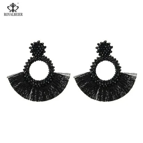 ROYALBEIER Boho Black Beads Earrings Handmade Lady Large Drop Earring