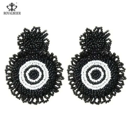 ROYALBEIER Boho Black Beads Earrings Handmade Lady Large Drop Earring