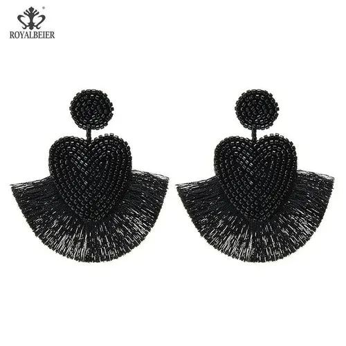 ROYALBEIER Boho Black Beads Earrings Handmade Lady Large Drop Earring