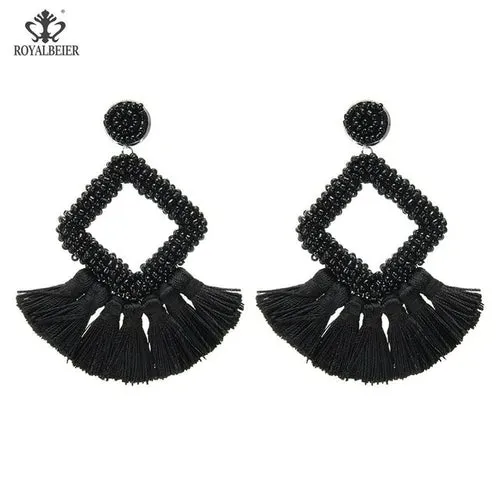 ROYALBEIER Boho Black Beads Earrings Handmade Lady Large Drop Earring