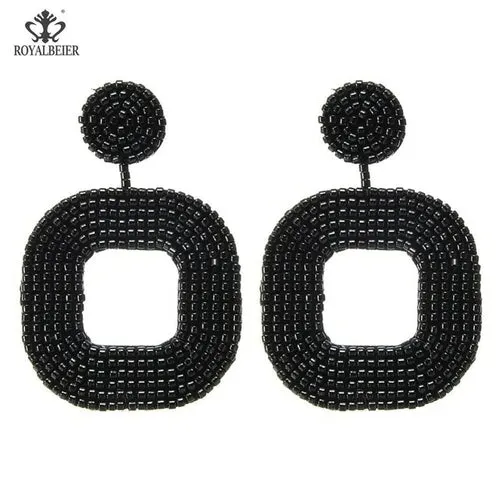 ROYALBEIER Boho Black Beads Earrings Handmade Lady Large Drop Earring