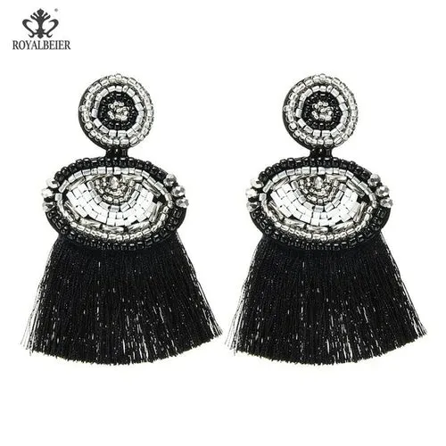 ROYALBEIER Boho Black Beads Earrings Handmade Lady Large Drop Earring